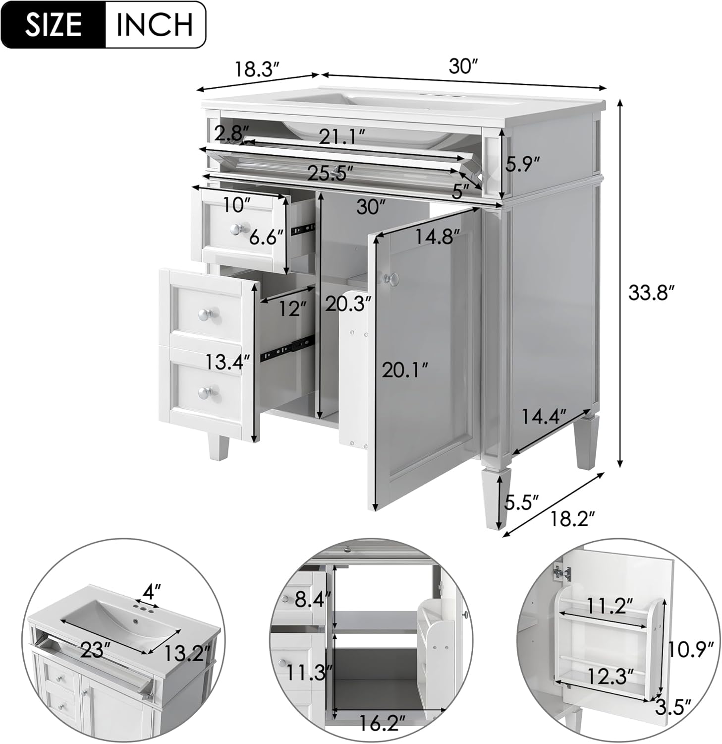Virubi 30 Inch Bathroom Vanity with Sink, Bathroom Sink Cabinet with 2 Drawers and 2 Doors, Solid Wood Frame Bathroom Cabinet for Small Bathroom