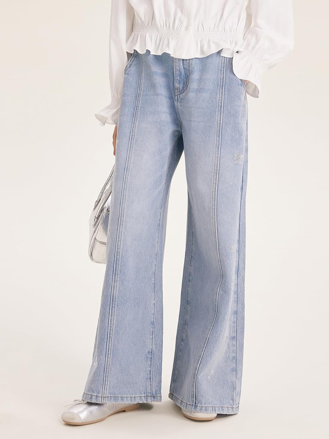 Girls Light Blue Wide Leg Jeans with Glitter Star Elastic Waist Denim Pants for Girls 6-16Y