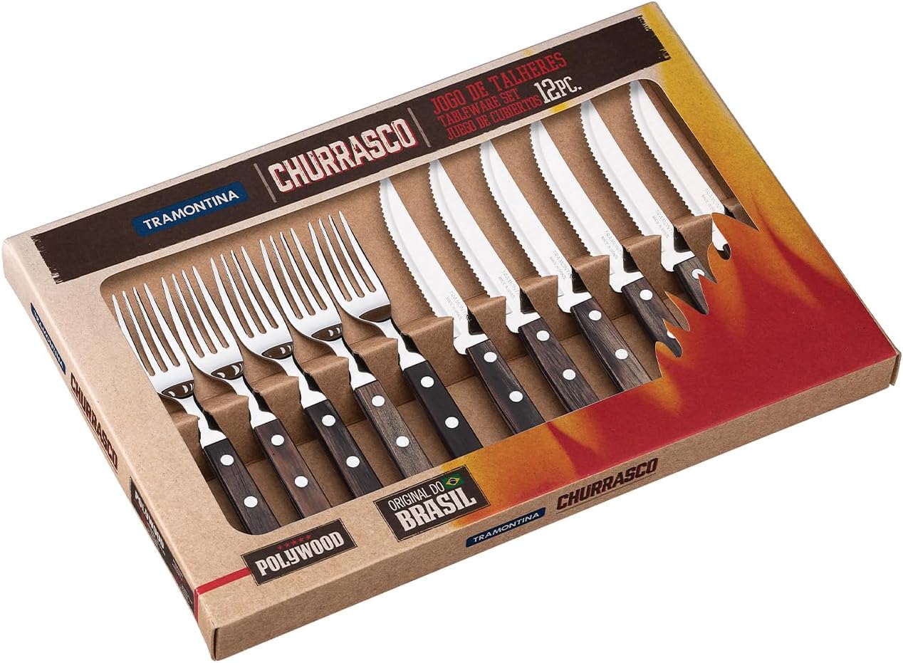 Tramontina Cutlery Set with Steak Knives, 12 Piece Sharp Knife and Fork Set with Wooden Handles, ‎Camping, Kitchen, Rustic, Dishwasher Safe, 29899199