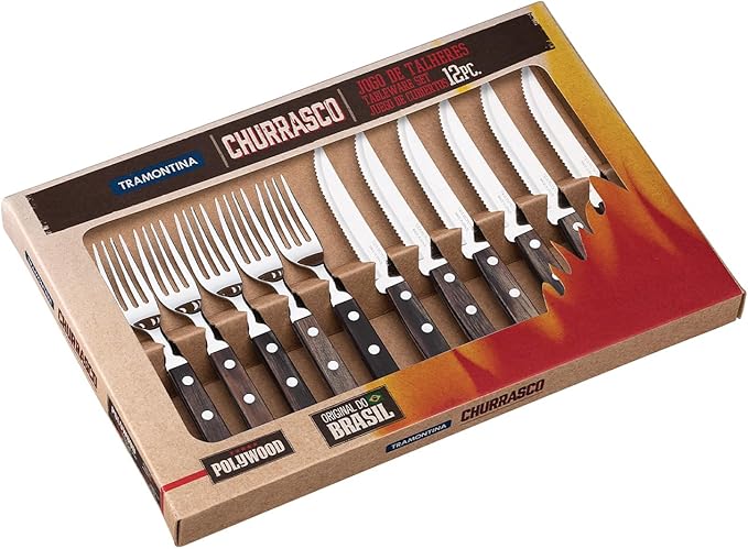Tramontina Steakbesteck Pizzabesteck, 12-teiliges Set, für 6 Personen, Steakbesteckset, rostfreier Edelstahl, FSC zertifizierter Echtholzgriff, spülmaschinenfest