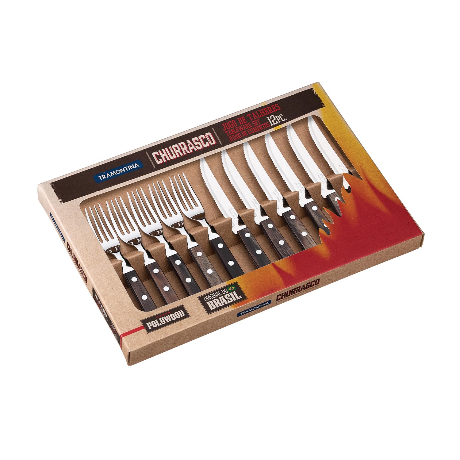 Tramontina Steakbesteck Pizzabesteck, 12-teiliges Set, für 6 Personen, Steakbesteckset, rostfreier Edelstahl, FSC zertifizierter Echtholzgriff, spülmaschinenfest