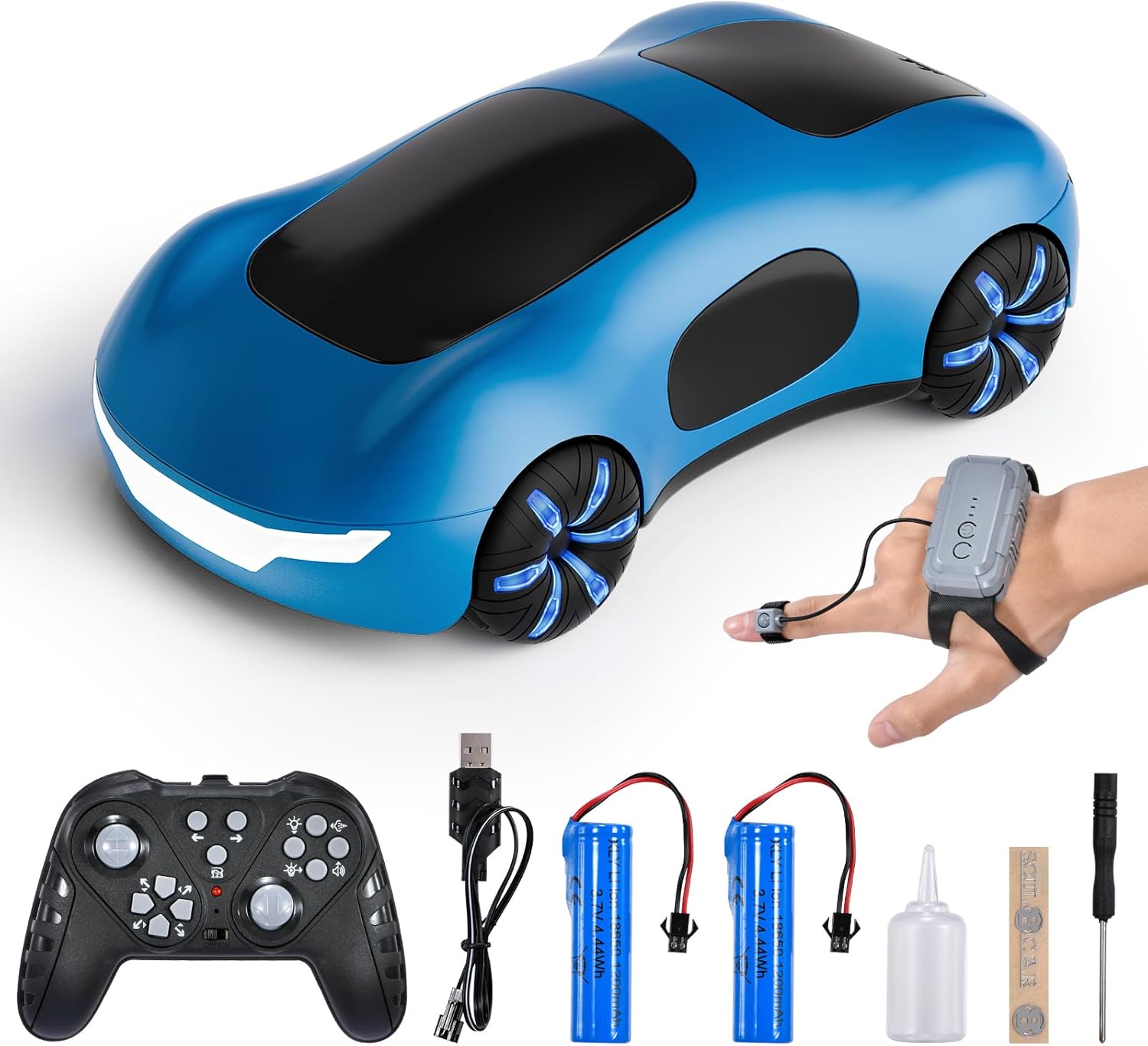 Remote Control Car, Gesture Sensing RC Sunt Car, 2.4GHz RC Drift Cars with Spray Light and Sound, 360° Rotating Side Drifting RC Cars with 2 Batteries, Birthday Gifts (Blue)