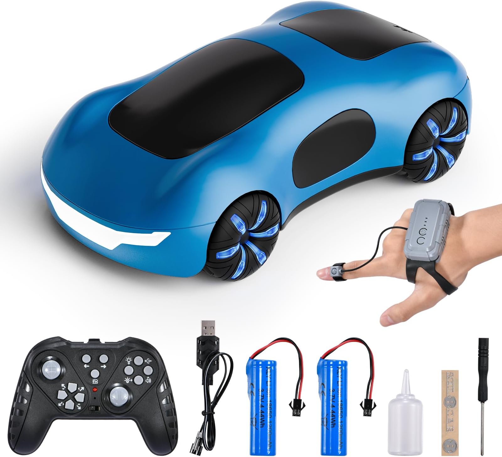Remote Control Car, Gesture Sensing RC Sunt Car, 2.4GHz RC Drift Cars with Spray Light and Sound, 360° Rotating Side Drifting RC Cars with 2 Batteries, Birthday Gifts (Blue)