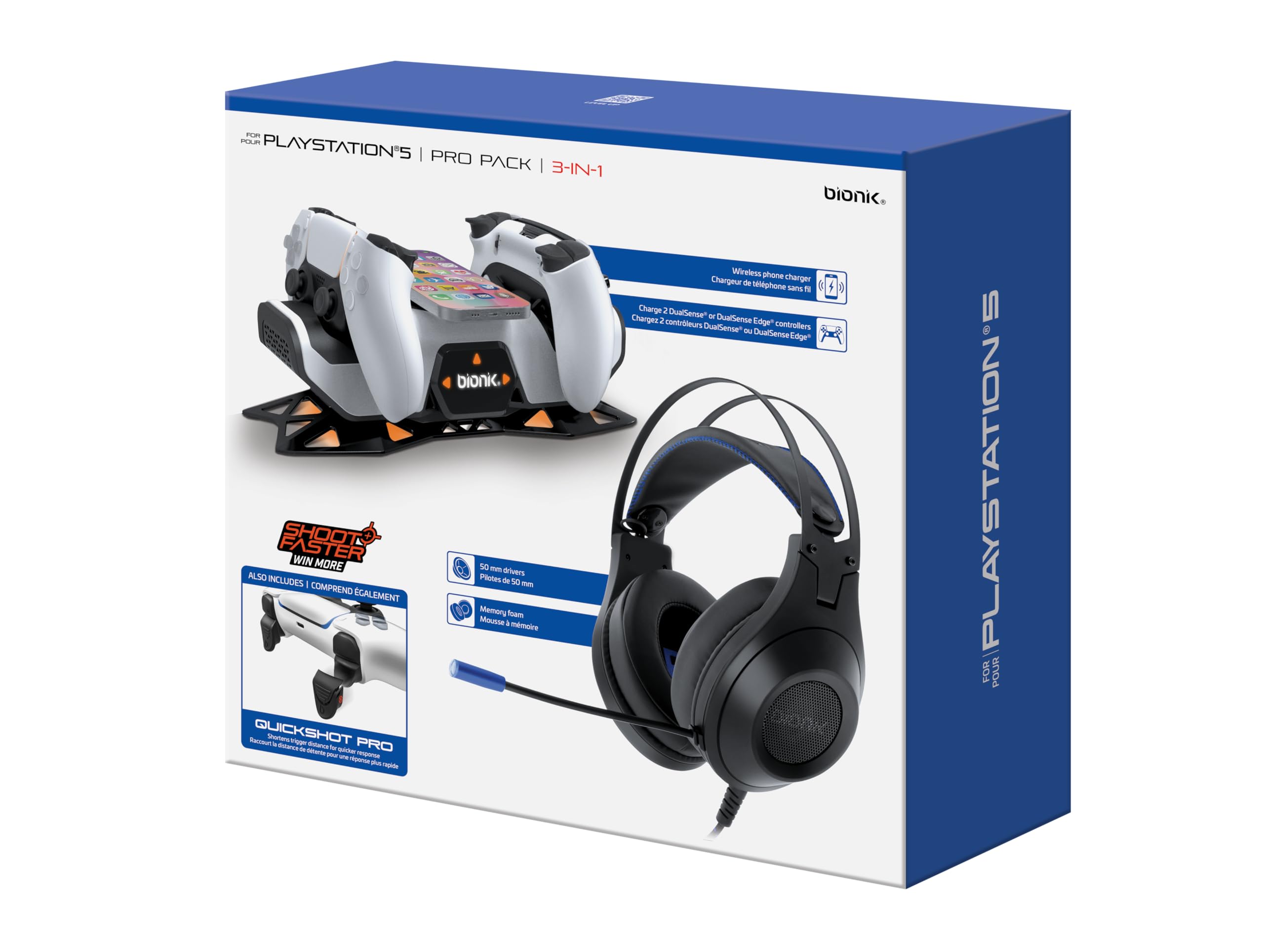 Bionik Power Stand Bundle: Charger for PlayStation 5, Quickshot Trigger Stop, Sirex Headphones, iPhone Charger,PS5 Bundles, 3 in 1, BNK-9127