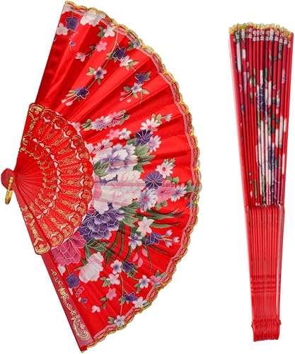 Miniatura 3 de Tayfremn Abanico de mano plegable floral, patrón de flores, con encaje lateral dorado, abanicos plegables de mano, abanicos plegables de mano para