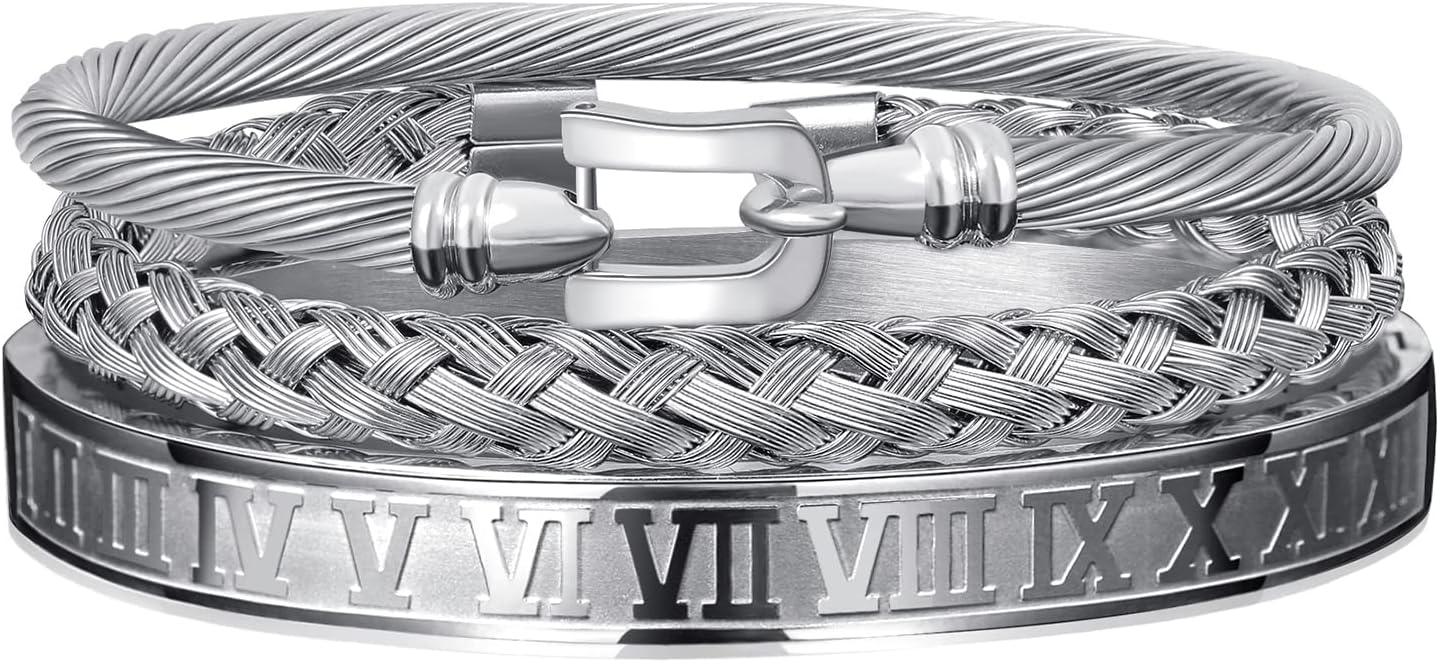 WFYOU 3PCS Stainless Steel Imperial Crown Bracelets for Men Gold Roman Numeral Bangle Bracelet Adjustable Cuff Bracelet Mens Luxury Jewelry Gifts