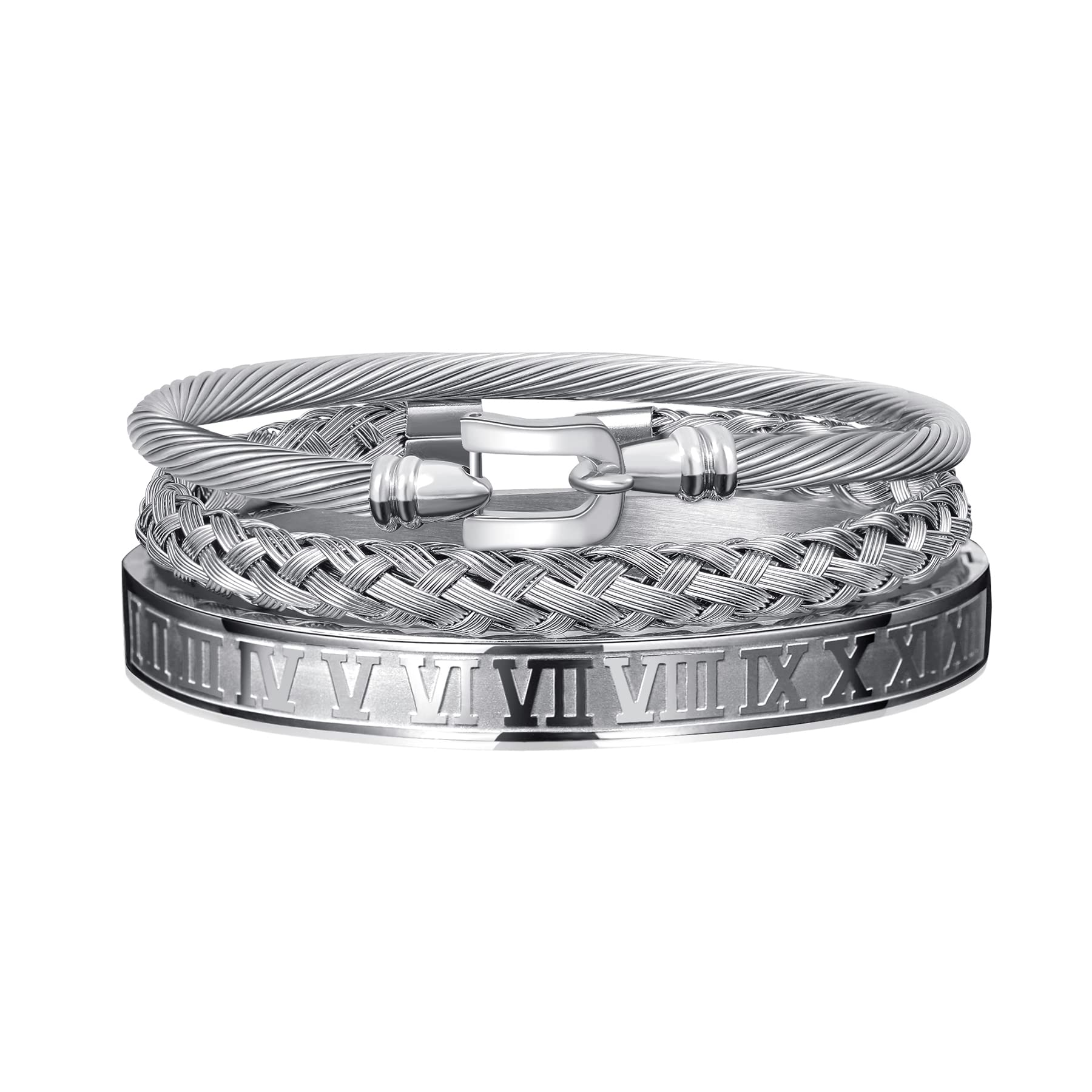 WFYOU 3PCS Stainless Steel Imperial Crown Bracelets for Men Gold Roman Numeral Bangle Bracelet Adjustable Cuff Bracelet Mens Luxury Jewelry Gifts