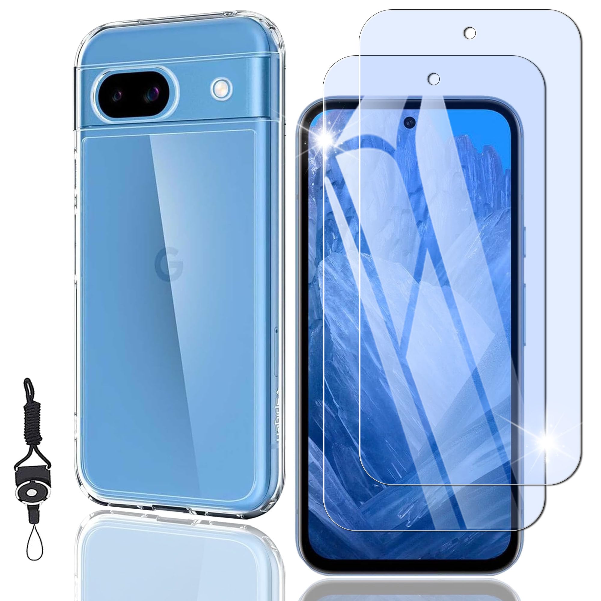 Nutmeg Google Pixel 8a ガラスフィルム ブルーライトカット（2枚）+ Google Pixel 8a ケース クリア（1枚）【旭硝子素材採用 ストラップホール付き】グーグルピクセル8A 保護フィルム カバー 携帯ケース スマホケース 目の疲れを軽減します 硬度9H 高透過率 指紋防止 スクラッチ防止 撥水撥油 飛散防止 衝撃吸収