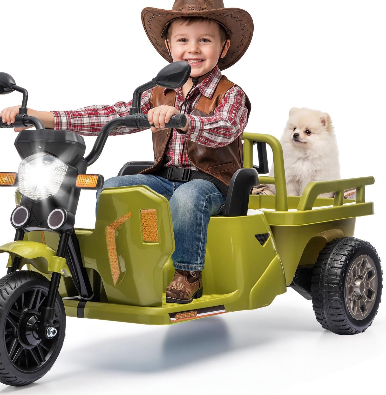 FairyLee 12V Kids Electric Ride-On Trike Motorcycle with Dump Trailer - 3-Wheel Battery Powered Ride On for Ages 3-8 - LED Lights, Music Panel & Horn - All-Terrain Anti-Slip Wheels - Green