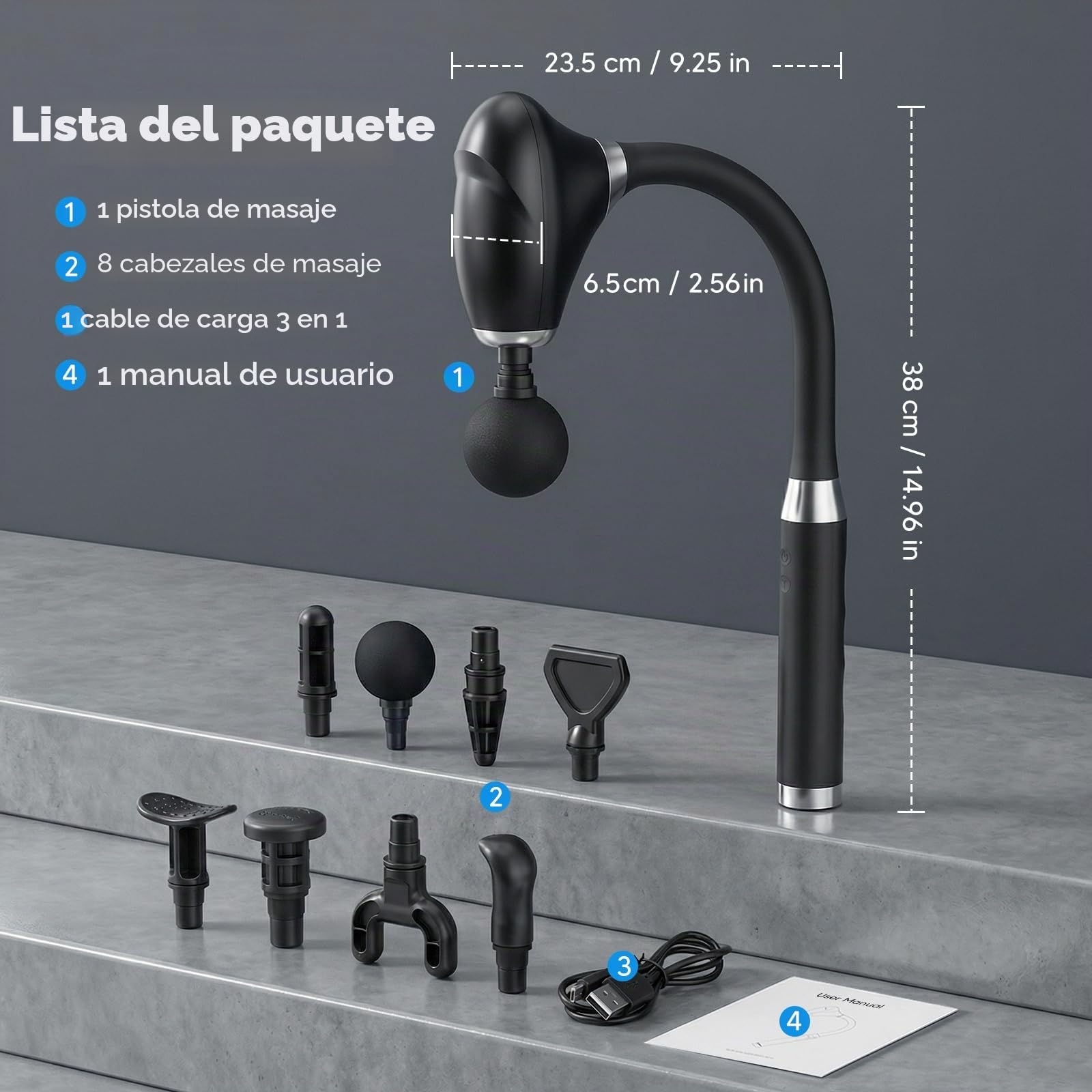 Pistola de masaje de tejido profundo, masajeador muscular manual ergonómico con 8 cabezales y 5 niveles de velocidad — para la relajación muscular de espalda, hombros, cintura y piernas