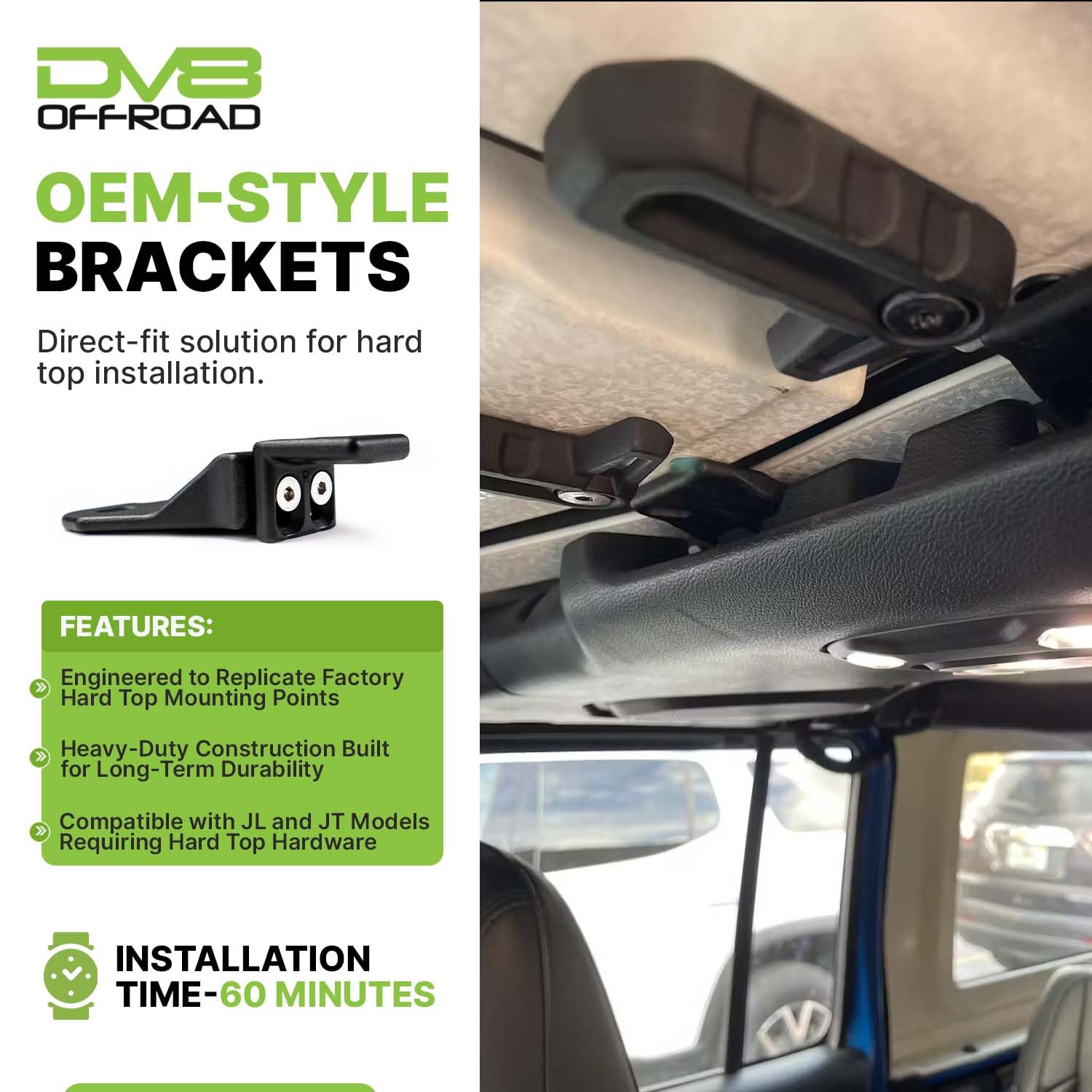 DV8 Offroad | Backets di montaggio hard top | Compatibile con Jeep Wrangler JL e Gladiator JT 2018+ | Costruito secondo le specifiche OEM | Finitura nera