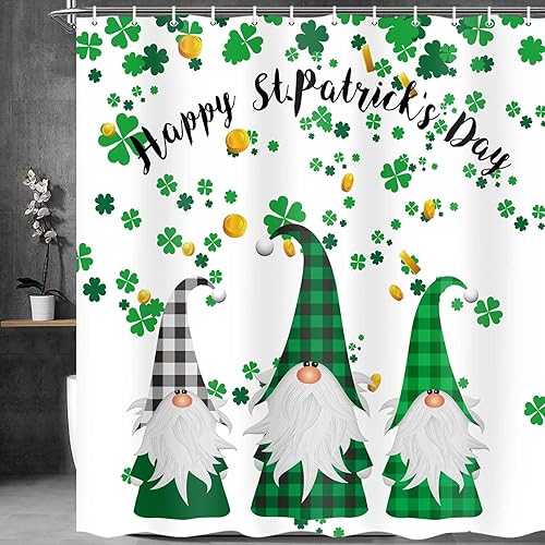 Miniatura 2 de MERCHR Cortina de ducha del día de San Patricio, trébol verde, hoja de trébol, diseño de elfo irlandés, gnomo irlandés, tela decorativa a cuadros de