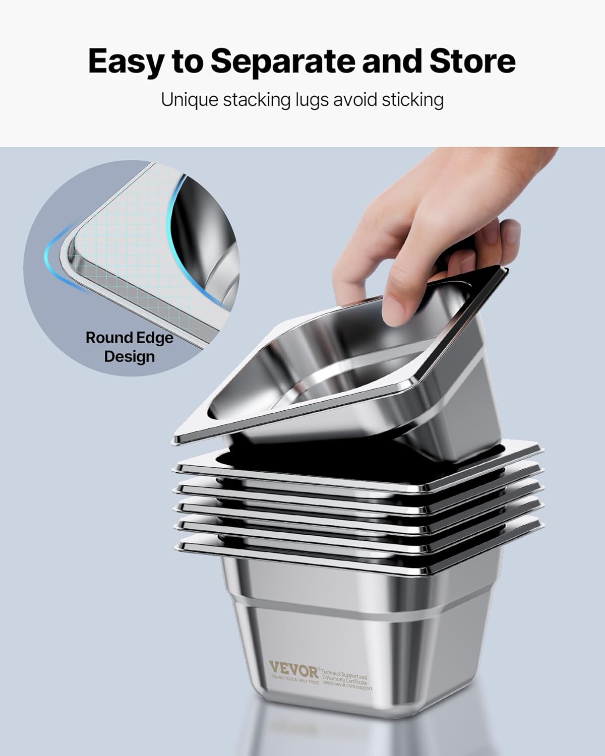 VEVOR 6 Pack Stainless Steam Hotel Pans, 1/6 Size Table Steam Pan, 4 Inch Deep, Anti Jam Restaurant Supplies Reusable Rustproof Catering Storage for Home, Party, Restaurant, Hotel, Buffet - Image 5