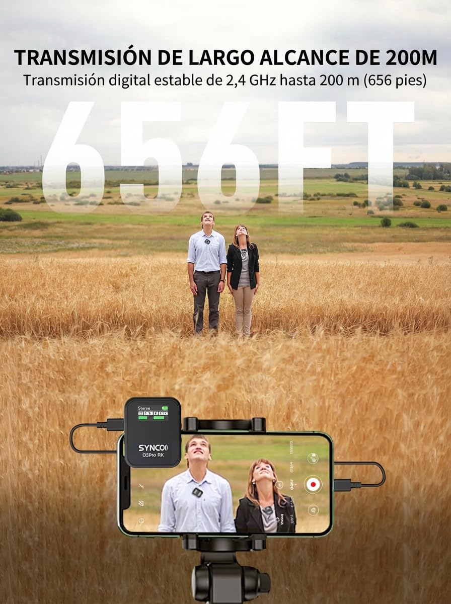 SYNCO Micrófono Inalámbrico Lavalier G2(A2) Pro, Micro de Solapa 2.4 GHz 200m Compatible con Cámara DSLR Videocámaras Móviles Tabletas para Grabación y Entrevistas