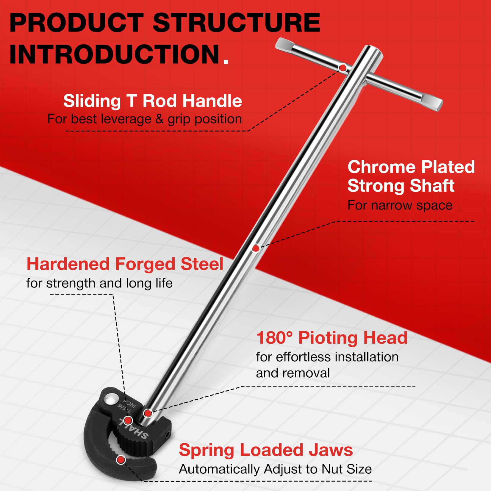 Shall 11'' Basin Wrench, Adjustable Sink Wrench - Image 3