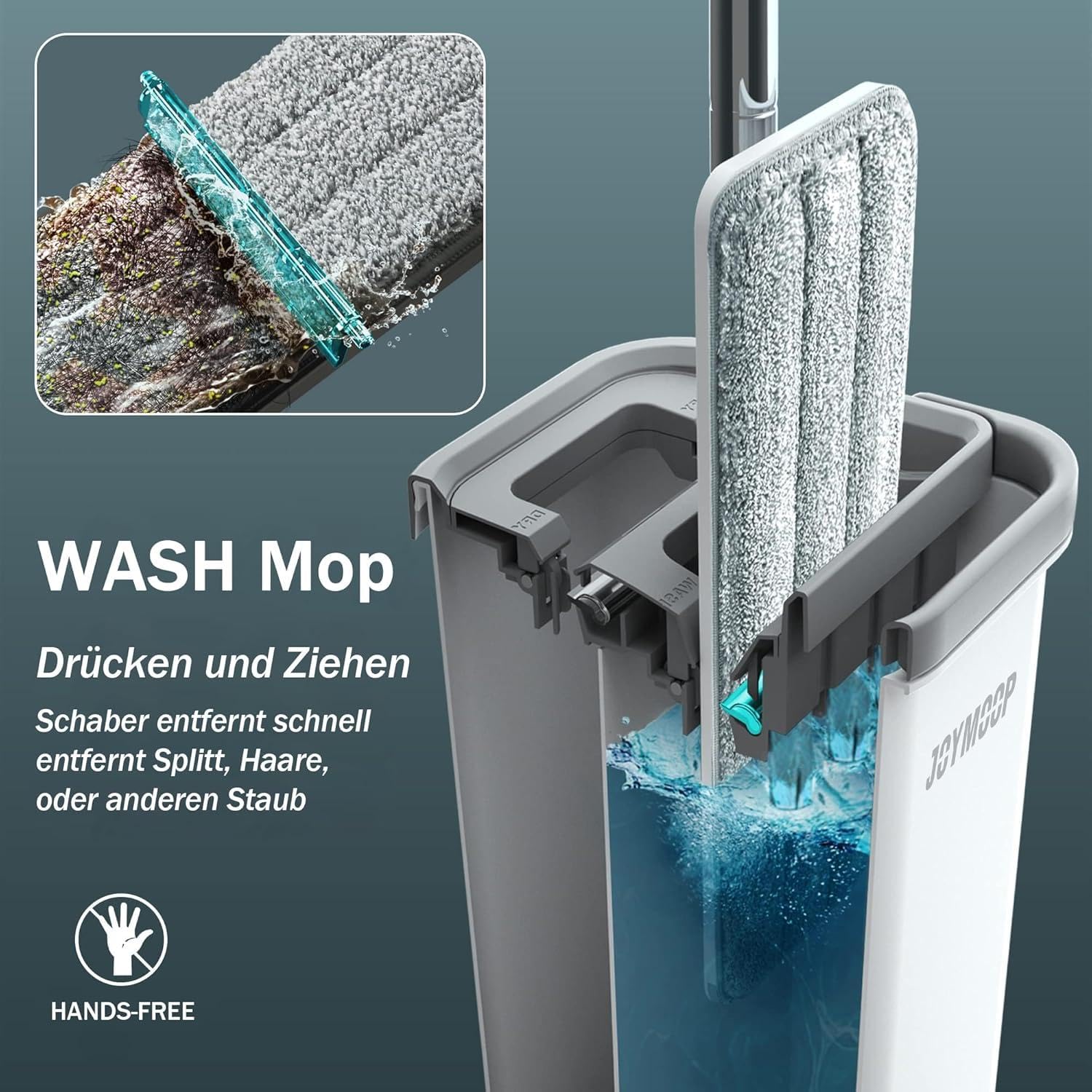 JOYMOOP Wischmopp und Eimer mit Auswringer-Set, Flacher Bodenwischer, 3 waschbare Mikrofaser-Pads, Nass- und Trockengebrauch