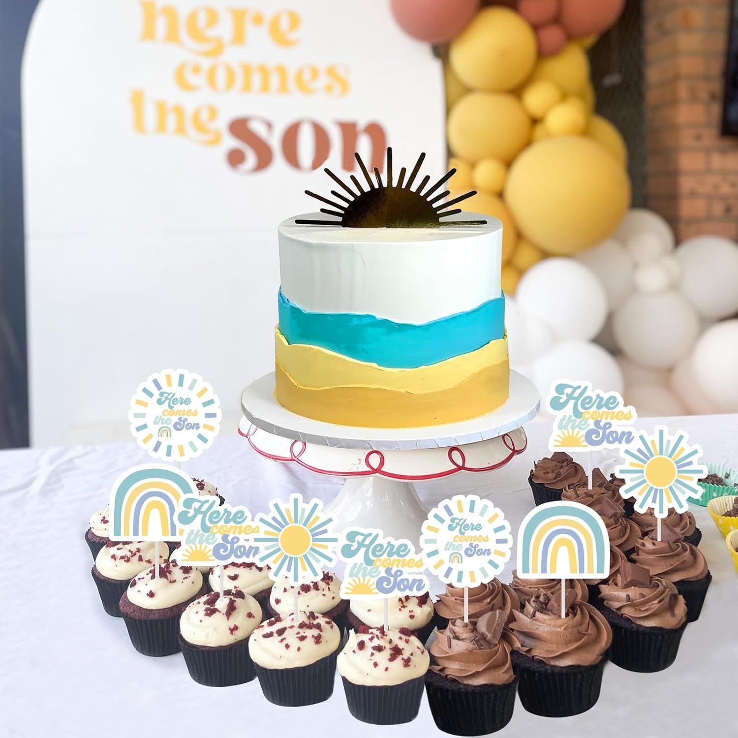 24 Pack Here Comes The Son Cupcake Toppers, Cupcake Picks Baby Shower Decorations for Boy, A Little Sunshine is On The Way Boho Party Supplies - Image 3