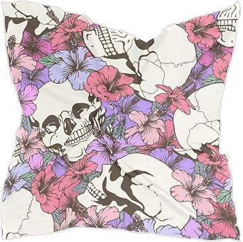 alaza Bandana Scarf, Stylish, Womens, Square, Silk Scarf, Thin, Skull, Floral Pattern, Flower, Square, Hair Ornament, Bag Decoration, Small, Popular, Soft, Skull Floral Hana