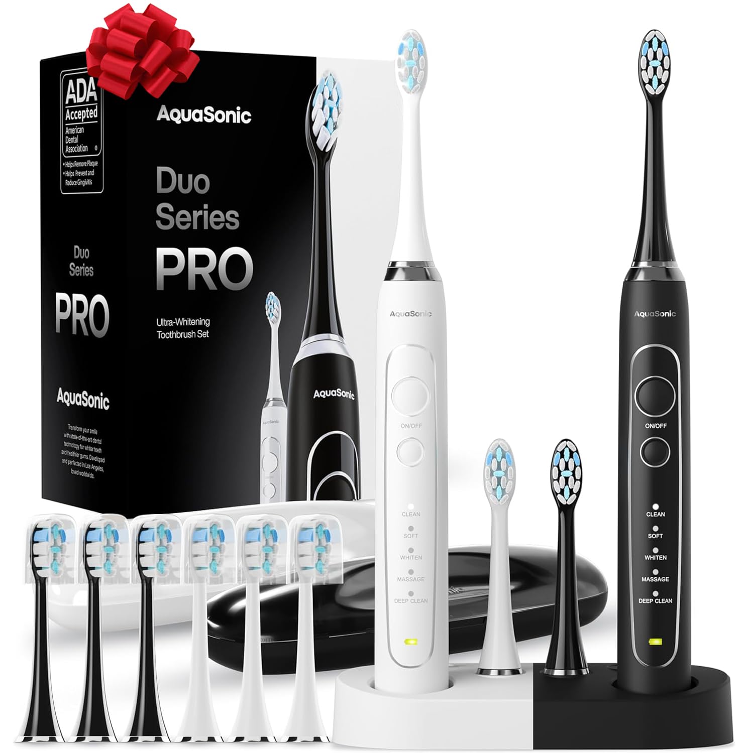 Aquasonic Duo Series PRO – Ultra-Whitening Electric Toothbrush Set – 5 Modes & Smart Timers – Premium Travel Cases & 10 Proflex Brush Heads – ADA Accepted Toothbrushes