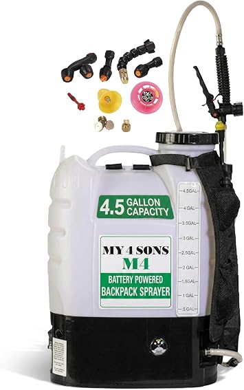 Backpack Sprayer - MY4SONS M4 4-Gallon Battery Powered - Cordless Electric Pump, Adjustable Wand, Waterproof Tank, Powerful 80 PSI Pump, Ideal for Garden, Lawn, Field, Fertilizers & Concrete Sealing