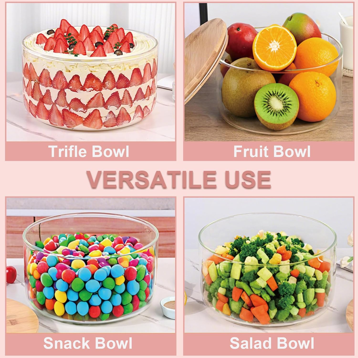 10 inch Large Salad Bowl, Trifle Bowl Glass with Sealed Lid, Versatile Mixing and Serving Bowl for Laying Ice Cream,Cake,Cupcake,Salad,Fruit,Baking,Dessert and Party Diy, Microwave Safe