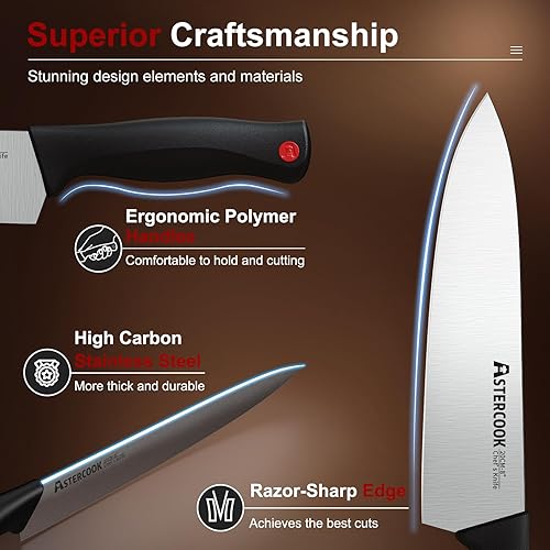 Miniatura 4 de Astercook - Juego de cuchillos de cocina de 15 piezas con bloque de afilador integrado, apto para lavavajillas, acero inoxidable de alto carbono,