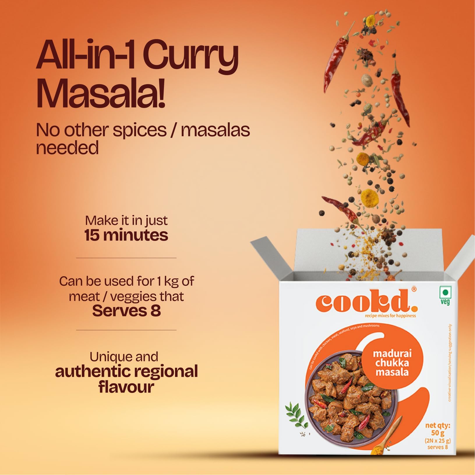 Cookd Madurai Chukka Masala 50gm (Pack of 1) | Ready To Cook in 15 Minutes | Can be cooked with Paneer, Vegetables, Chicken, Fish & Meat | No Added Flavours, Preservatives & Artificial Colors - Image 2 thumbnail