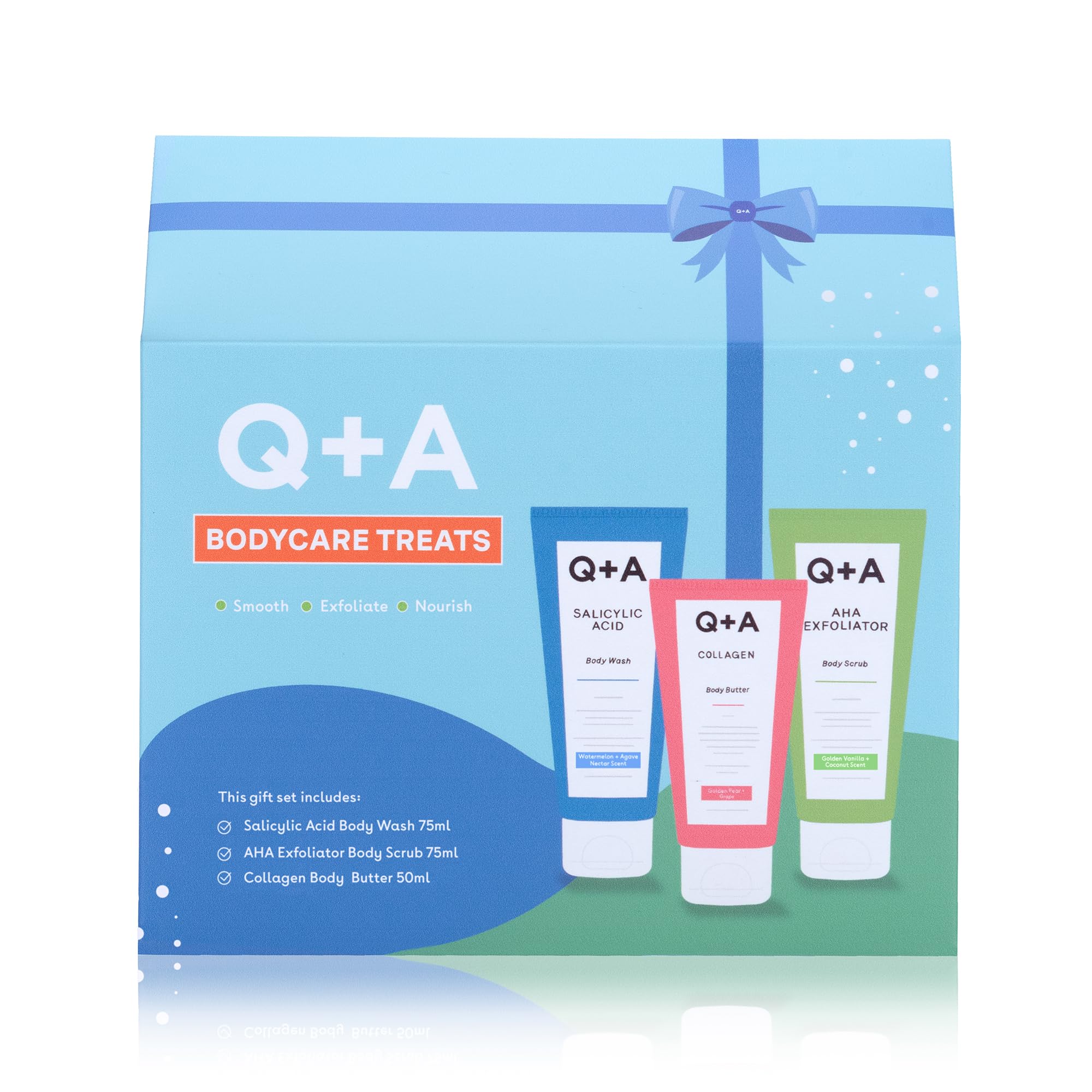 Q+A Bodycare Treats Gift Set, 3-Step Routine for Smooth Soft Skin, Salicylic Acid Body Wash (75ml)