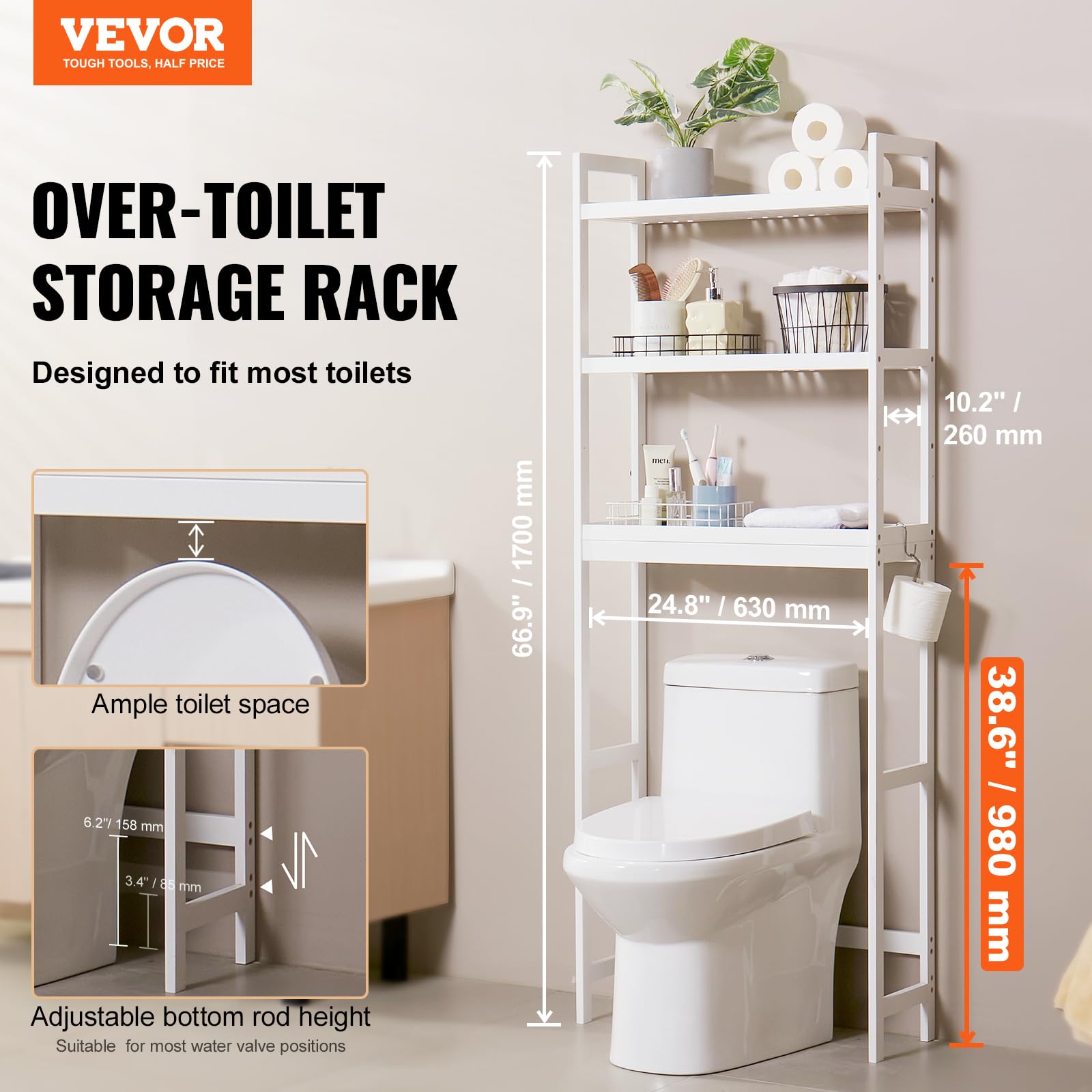 VEVOR Étagère WC, Meuble de Rangement au-Dessus des Toilettes Réglable à 3 Niveaux, Étagère de Salle de Bain avec 3 Crochets, Organisateur pour la Lessive, Convient à la Plupart des Toilettes, Blanc