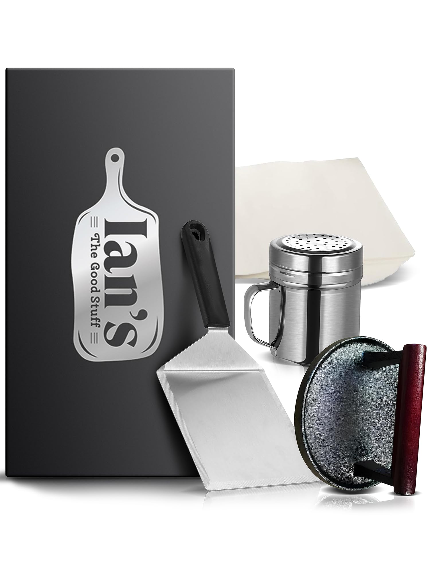 IAN's Smash Burger Press Kit - Cast Iron Burger Press (6.5 in), Smash Burger Spatula, Patty Pakers & Seasoning Shaker - Griddle, Flat Grill, Hibachi