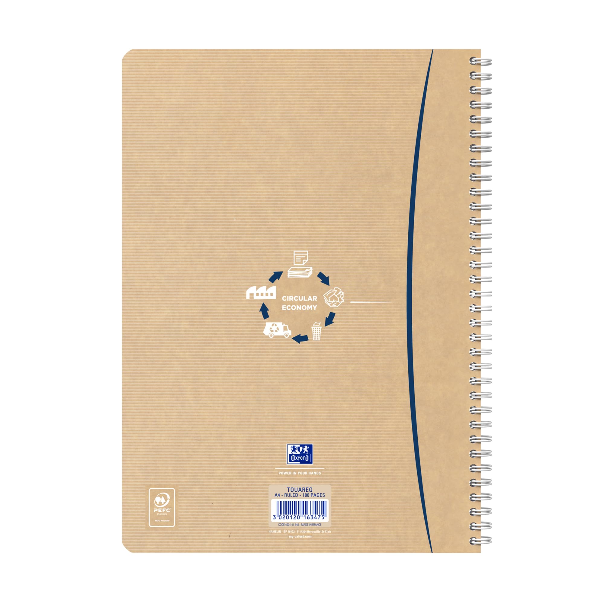 Oxford Cahier recyclé spirale Touareg - A4 21 x 29,7 cm - petits carreaux - 100 pages - Lot de 5