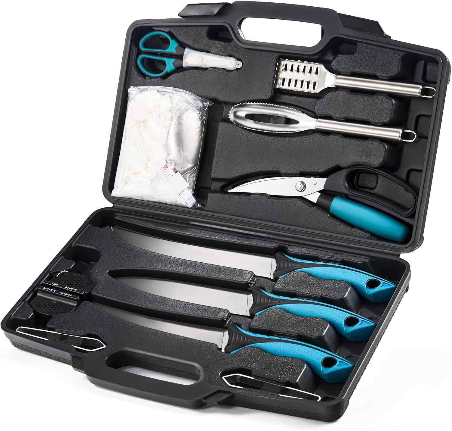 KNINE OUTDOORS Fish Fillet Knife Set Curved Flex 7 inch 9 inch Filet Knife for Filleting and Boning, Non-Slip Handles, Includes Fishing Braid Line Scissors, Fish Dressing Scissors, Filleting Pad