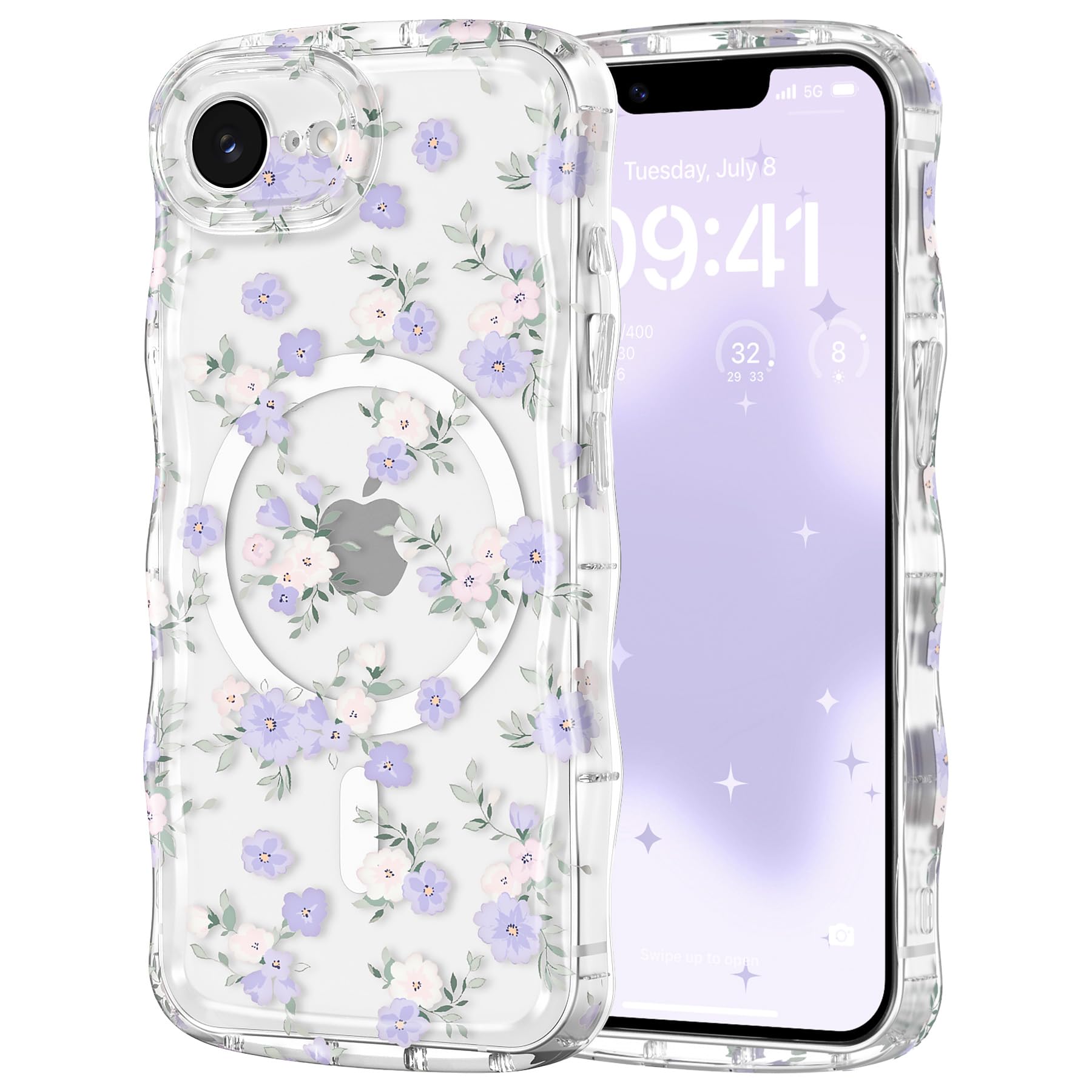 RALEAVO for iPhone 17e/16e Case Floral Magnetic Wavy Case,Purple Flowers | Cute Flowers Pattern & Curly Wave Frame Design,Compatible with Magsafe,Clear Acrylic Shockproof Case for iPhone 17e & 16e Purple Flowers For iPhone 16e/17e