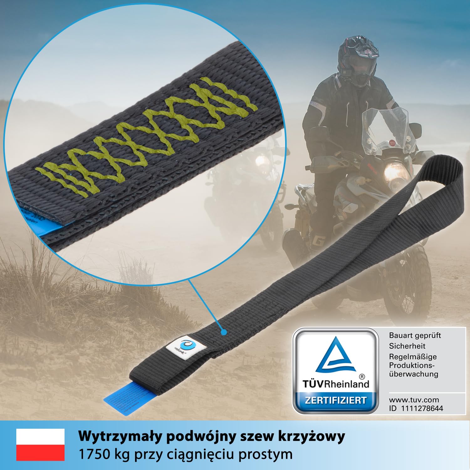 valonic CONDOR - 2X Pętle mocujące, 45cm, 35mm, 1750Kg, TÜV Rheinl. Certyfikat EN 12195-2 - czarny, szlufki do transportu motocykli, pas mocujący, pasy mocujące, samochód, pętla mocująca