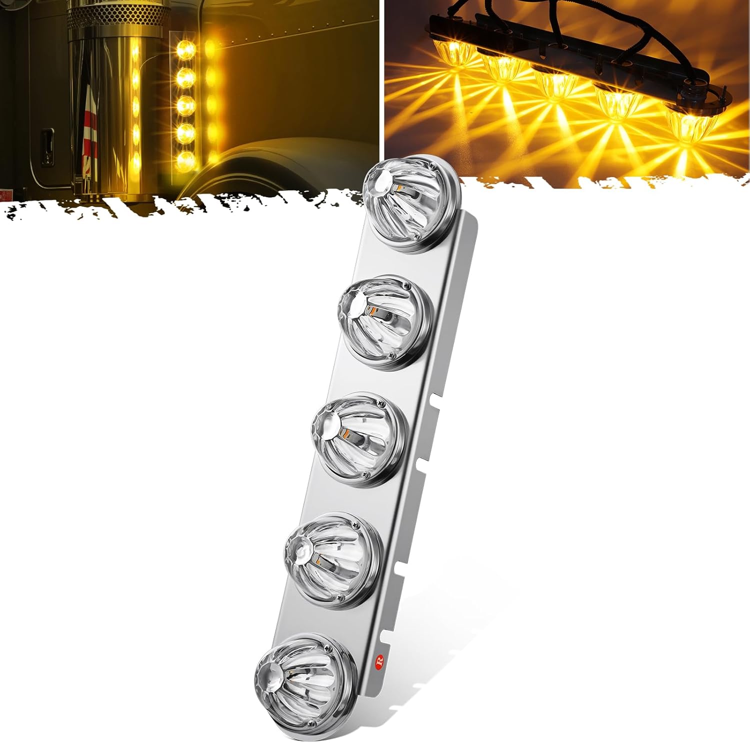 Partsam 1Pcs Passenger Side (Right Side) Radius Style 21.5" Front Air Cleaner Light Bar with 5Pcs Glass Watermelon Lights, Stainless Steel Bracket, Compatible with Peterbilt Kenworth Freightliner