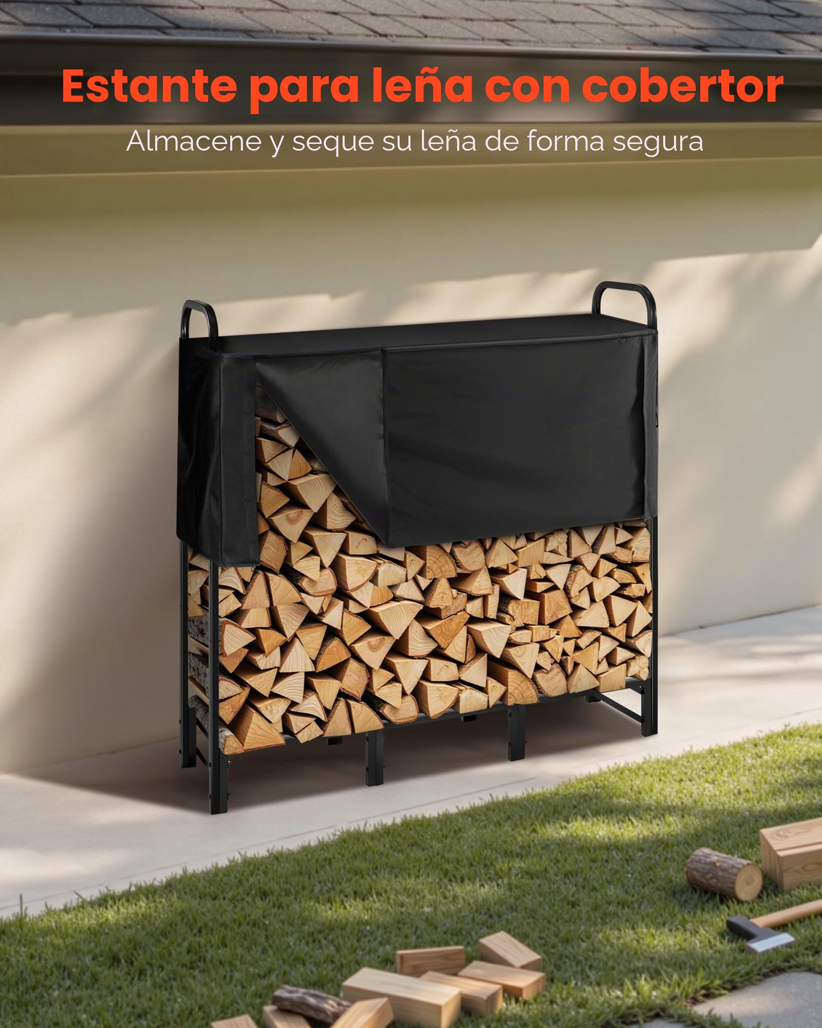 VEVOR Estante de Almacenamiento de Leña 122 x 32 x 118 cm Marco de Metal con Recubrimiento en Polvo con Media Cubierta Soporte de Leña Carga de 181,4 kg para Chimenea, Terraza, Patio, Jardín, Negro
