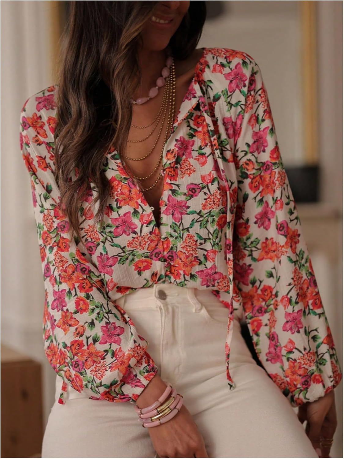 GORGLITTER Women's Boho Floral Blouse Bishop Long Sleeve Button Down Shirt Fall Outfits 2025 - Image 4