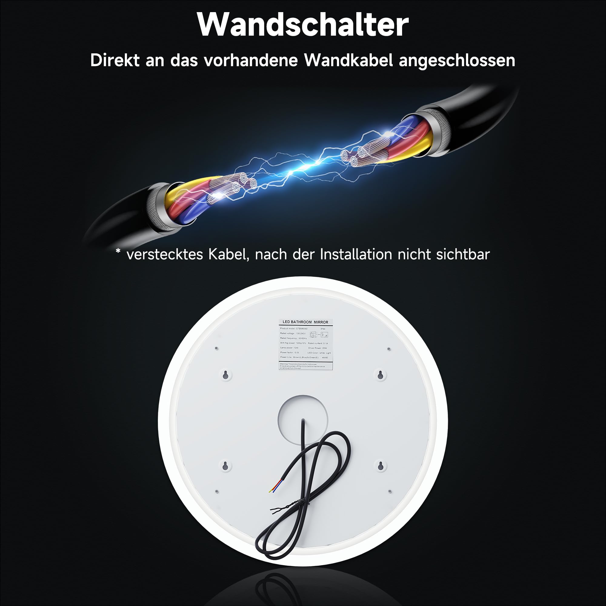 SONNI LED Badspiegel Rund 60cm – Wandspiegel mit Beleuchtung, 3 Farbtemperaturen, Dimmbar, Anti-Beschlag, Memory-Funktion, IP44