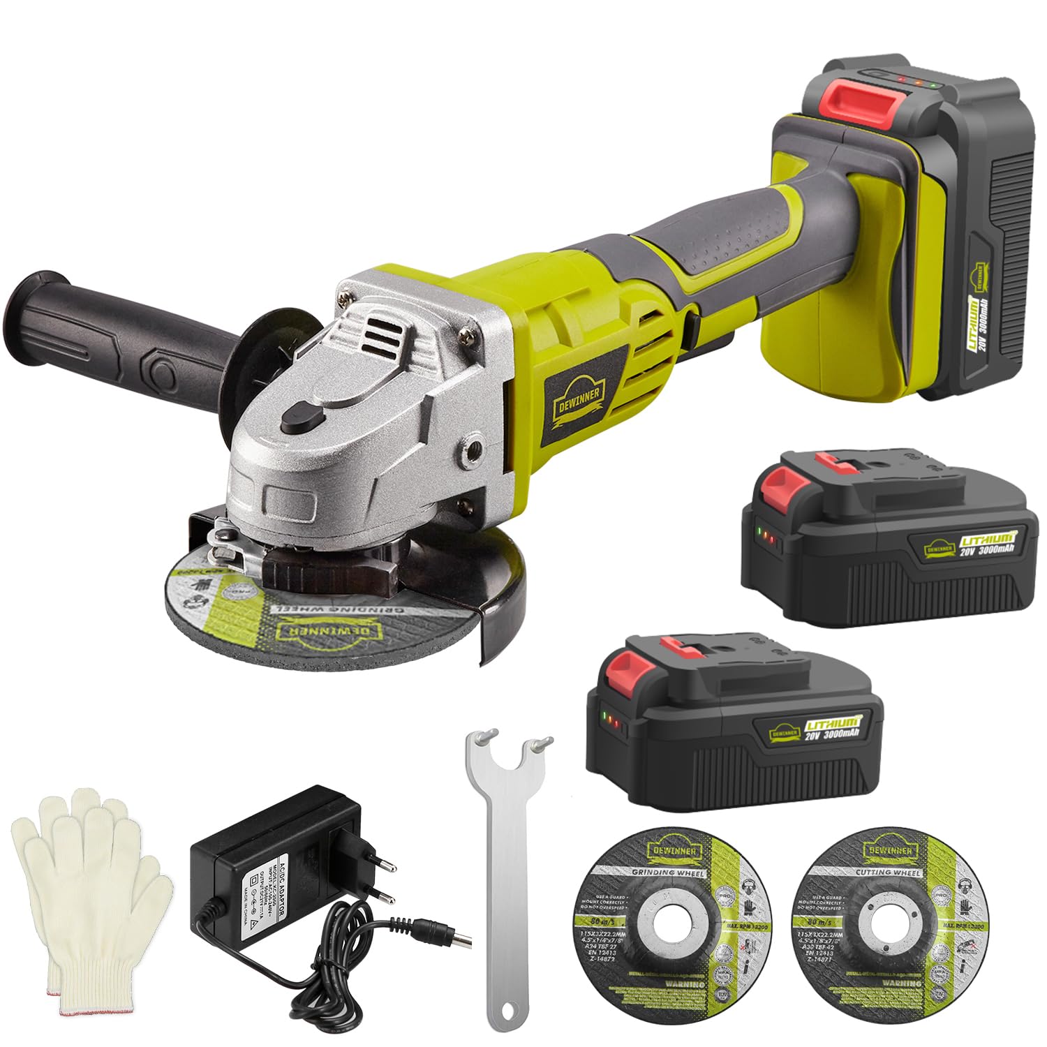 DEWINNER Smerigliatrice a Batteria, Flessibile a Batteria 115 mm, 2 Batterie 3 Ah, Impugnatura Ausiliaria, Caricatore Rapido, 2 Dischi di Molatura per Smerigliatura, Taglio e Lucidatura
