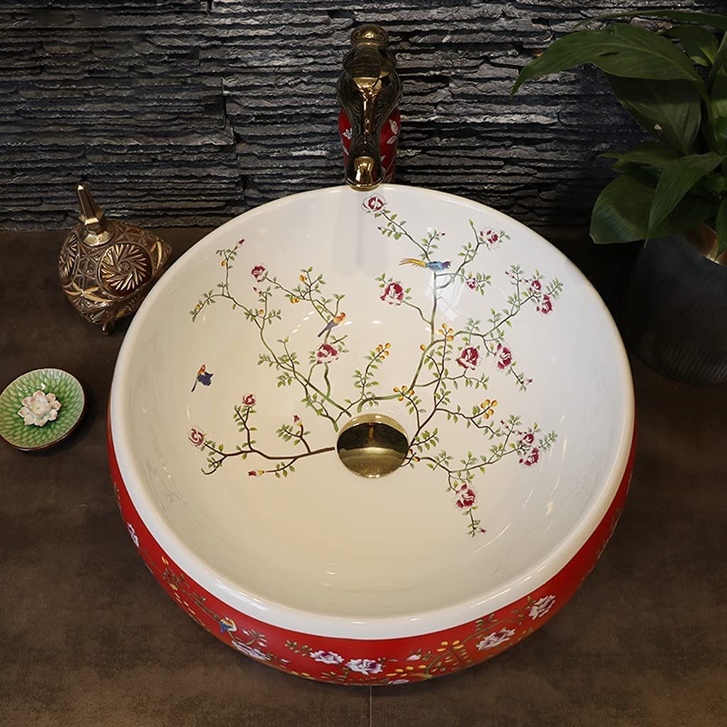 Umywalka łazienkowa nablatowa z umywalką nablatową, chińskie ceramiczne umywalki łazienkowe Lowes, indywidualny zestaw umywalek w kształcie kwiatów i ptaków, czerwony, 42 * 15 cm