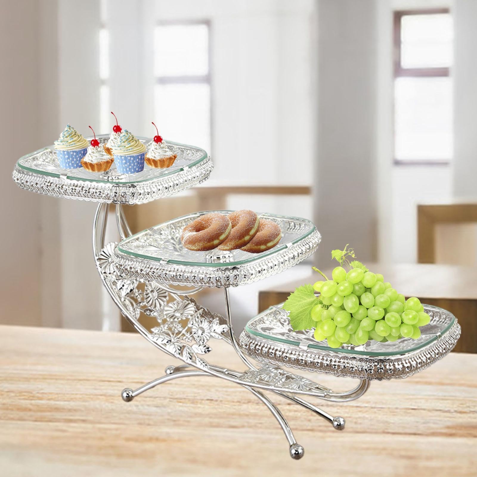 Soporte para Cupcakes de Niveles Bandeja de Postres con Diseño Artístico Estructura Metálica Y Vidrio Resistente Adecuado para Fiestas, Plata, Individual