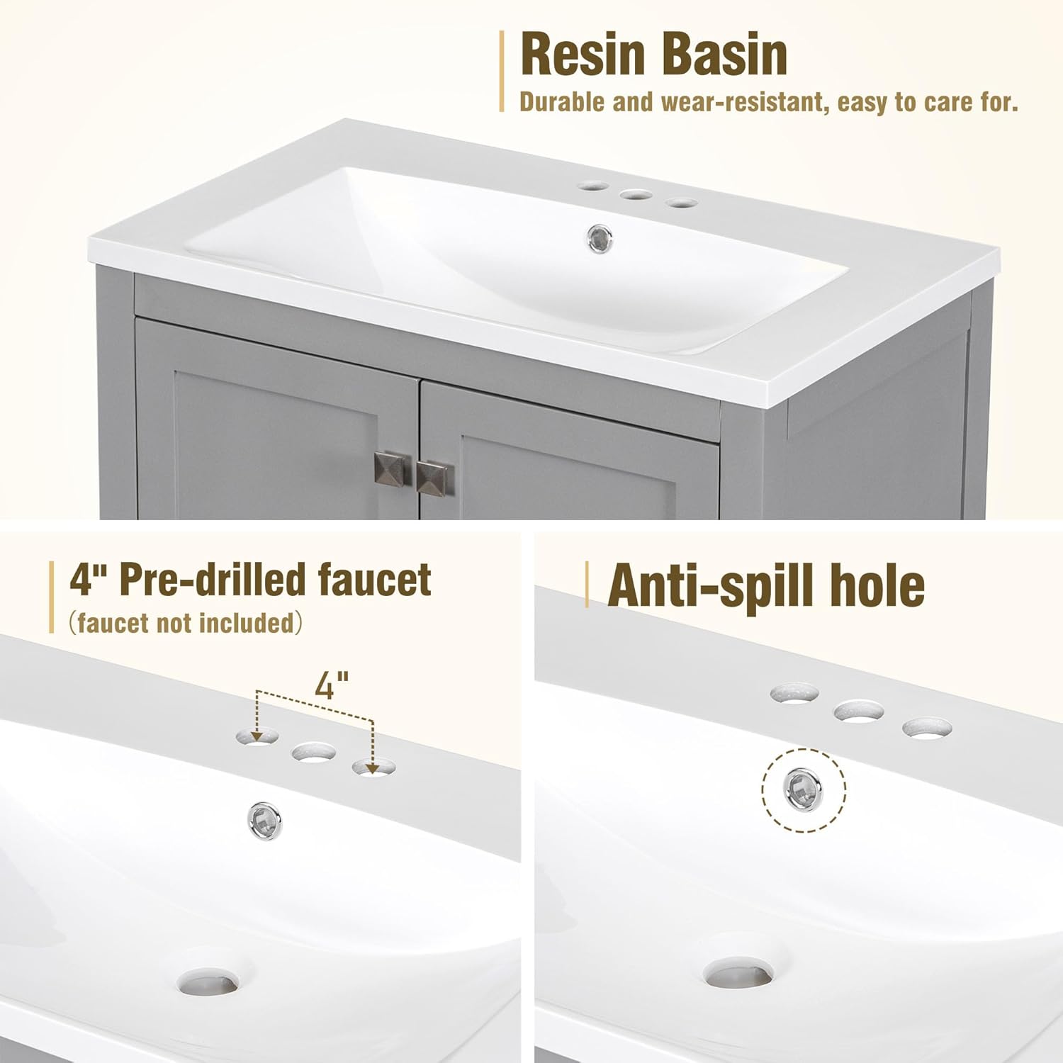 30" Bathroom Vanity with Sink, Modern Single Basin Vanity Set w/Ceramic Basin Sink Top, Wood Bathroom Cabinet with 2 Doors with Shelves and Big Drawer with Removable Divider, Gray