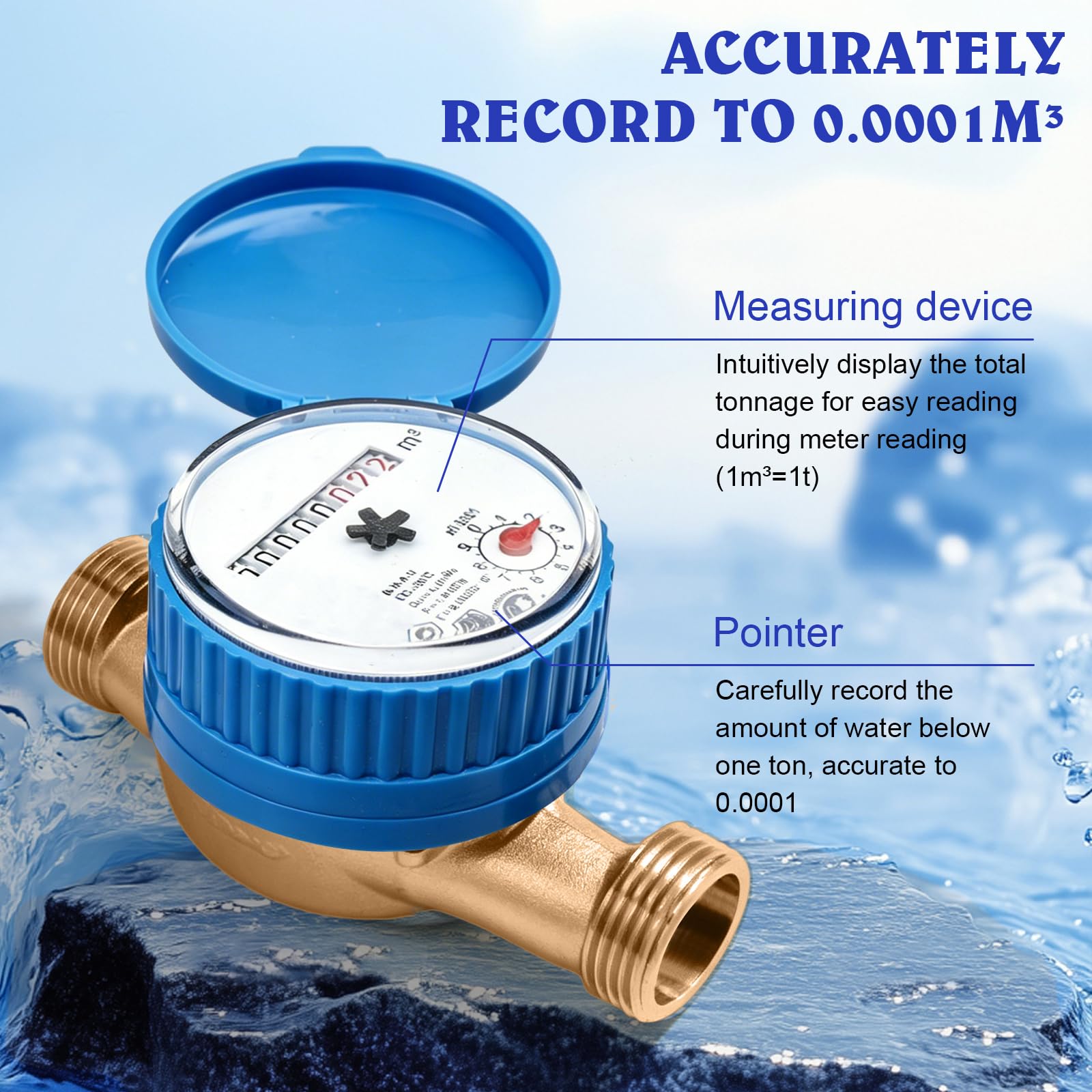 Compteur d'eau: 1/2 Pouce Horloge à Eau Froide, Compteur De Robinet avec Couvercle De Protection Et Connecteur en Laiton pour La Maison Le Jardin Et Un Usage Domestique (Bleu)