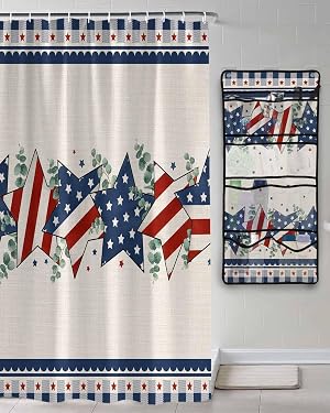 Shower Curtain Mesh Shower Organizer Hanging Set 4th of July Patriotic Independence Day American Flag Stars Blue Plaid