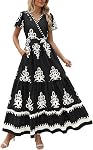 PRETTYGARDEN Womens Summer Casual V Neck Boho Maxi Dress Flowy Aline Bell Sleeve Tiered Floral Dresses with Pocket