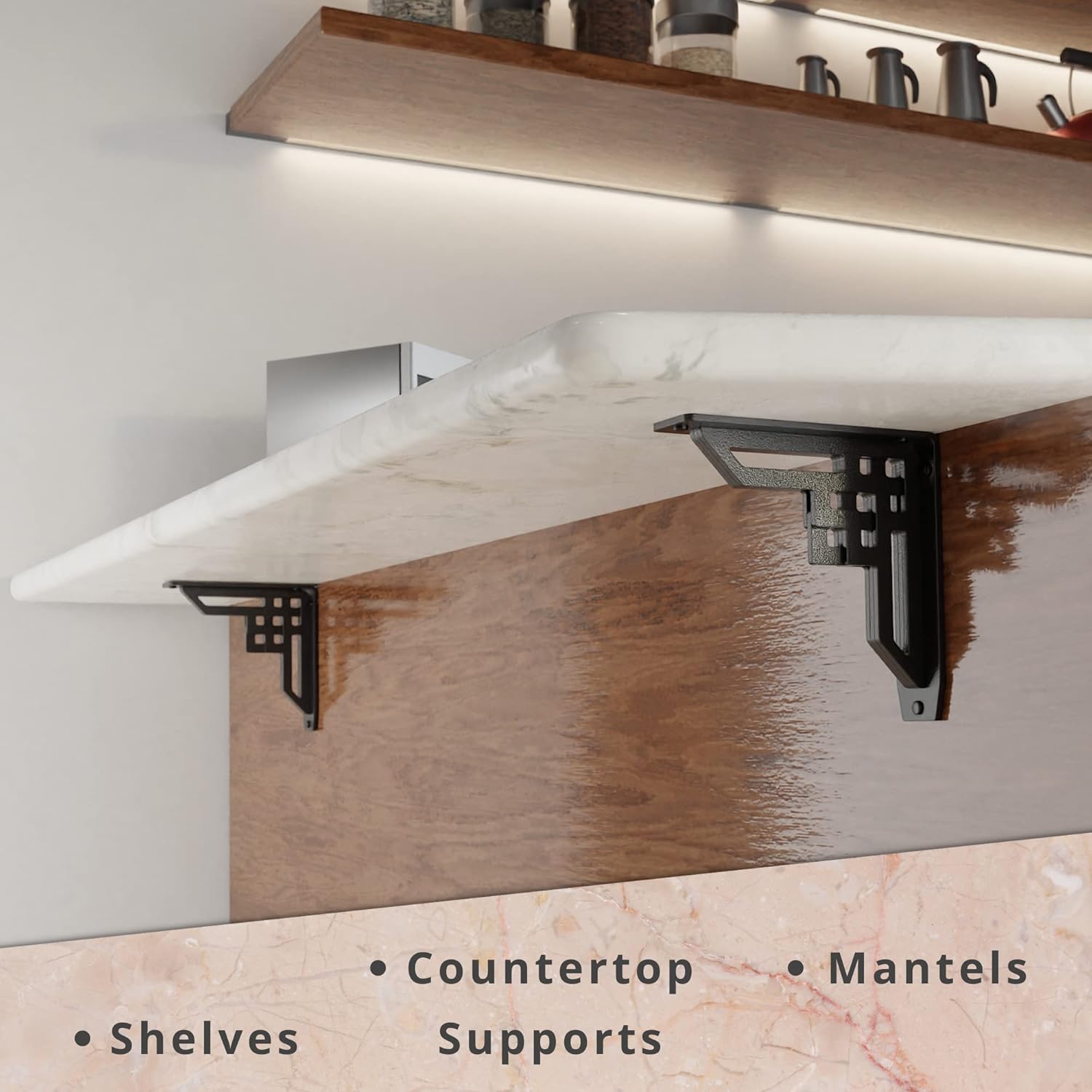 STARBY Heavy Duty Shelf Brackets (2 Pack) - Designer Metal Corbels for Mantels, Countertops and Decorative Shelving - 500# Capacity - Wrought Iron Black - 2 Pack (8" x 8" x 2")