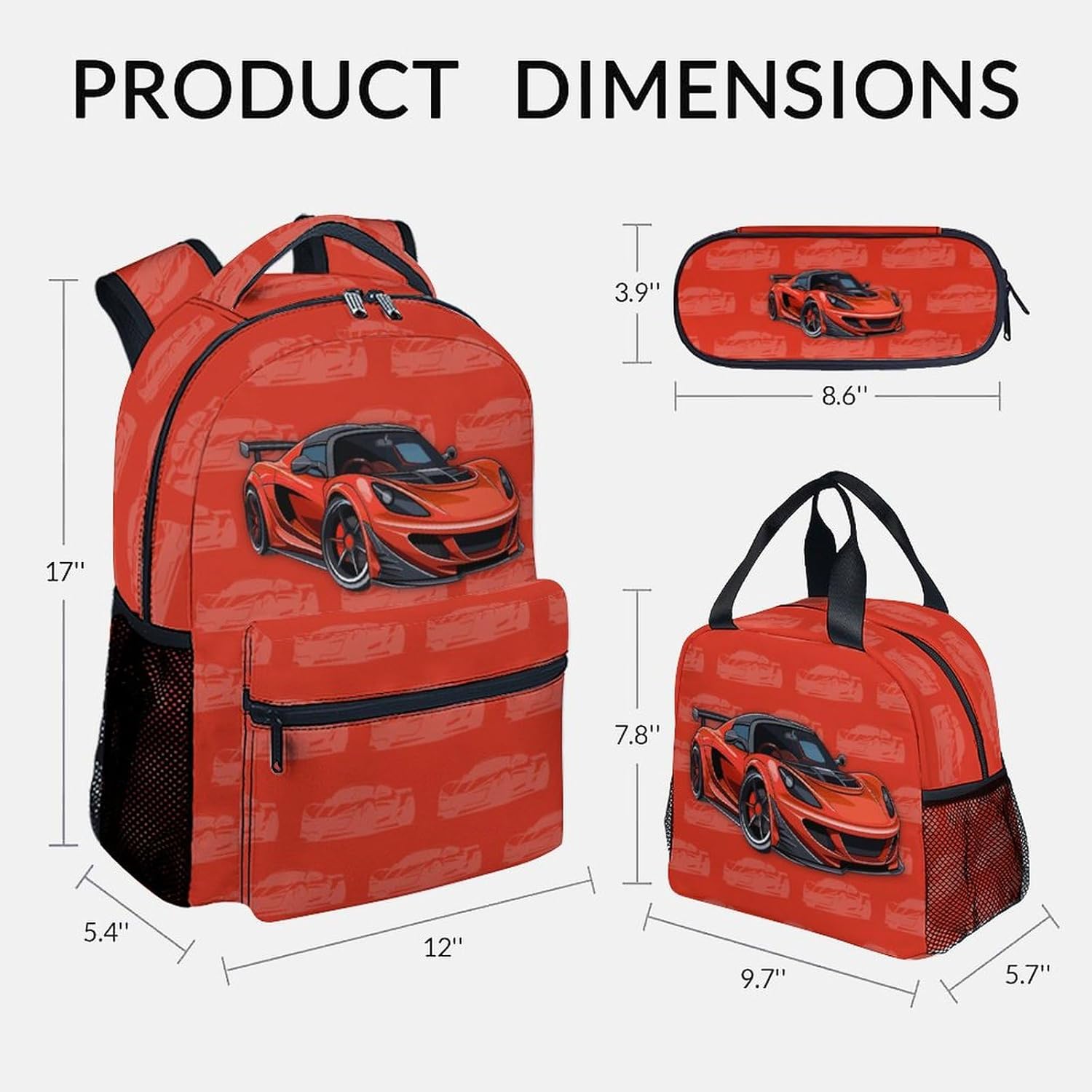Backpack Set for Kids - Car Backpacks for Boys, 17 Inch Durable Toddler School Bookbag with Lunch Box and Pencil Case