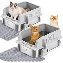 2PACK Stainless Steel Cat Litter Box with High Sides Shield for Multi Cat, XL Extra Large Metal Litter Box with 2 Cat Litter Scoops & 2 Mats, Non-Stick, Odorless, Easy to Clean