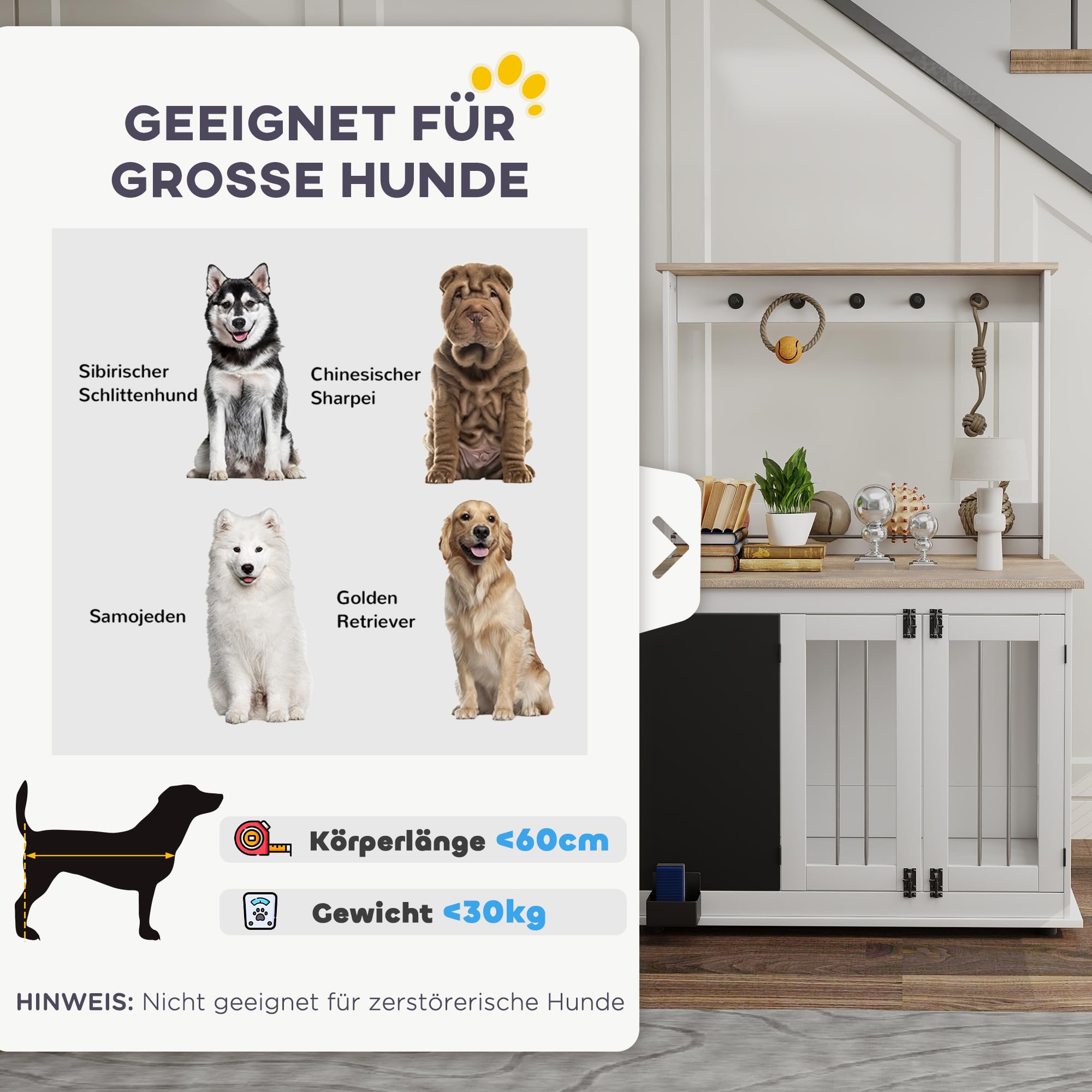 PawHut Hundekäfig für Zuhause mit 3 Türen, Haken für große Hunde Weiß | Hundebox, Hundehaus mit Radiergummi, Schreibtafel, Aufbewahrungsregal für Spielzeug