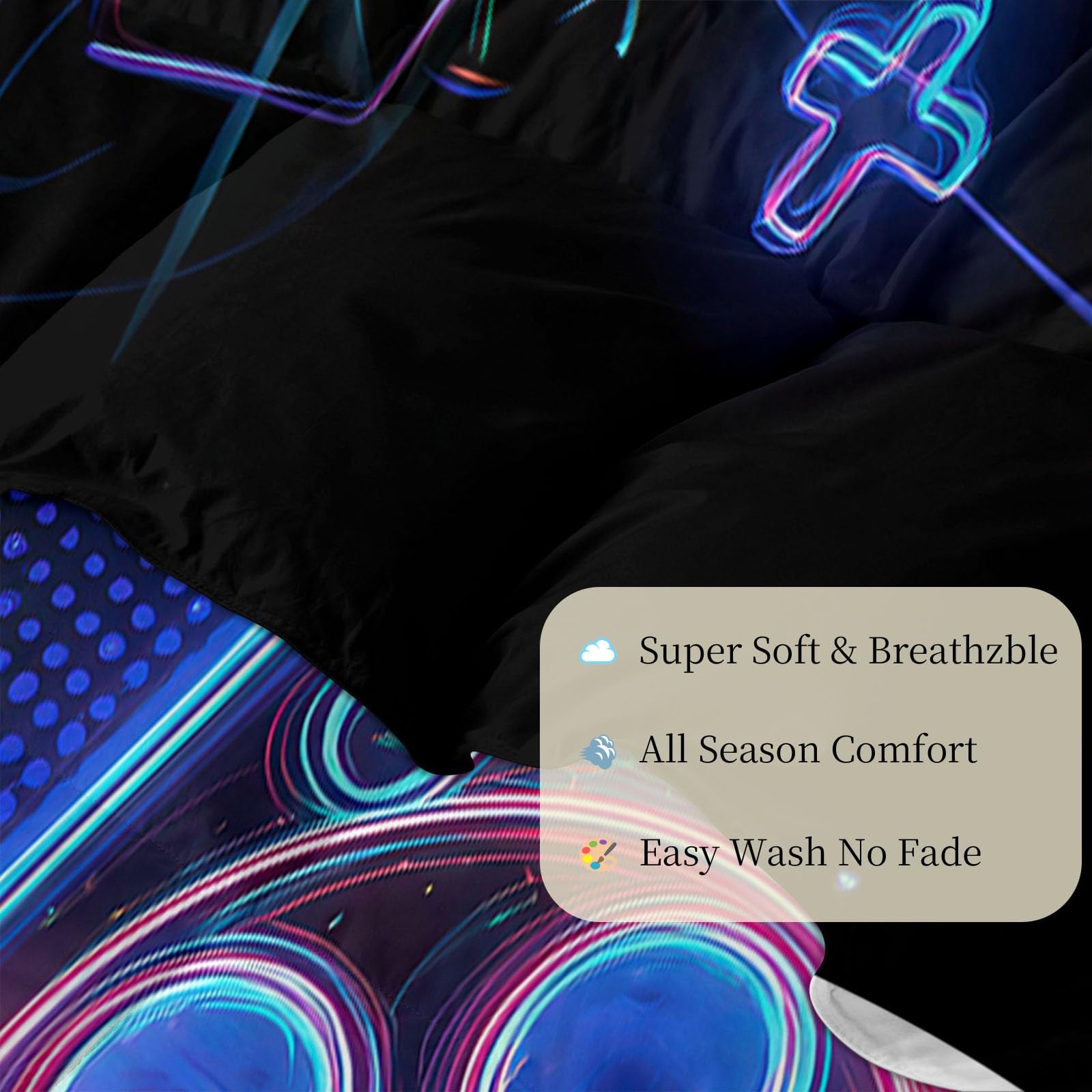 Edredón sin funda 240 x 220 cm - E Sports Gaming - Manta para todo el año, diseño de mando de videojuegos luminoso, 3 piezas, para alérgicos, 4 estaciones, edredón + 2 fundas de almohada de 80 x 80 cm